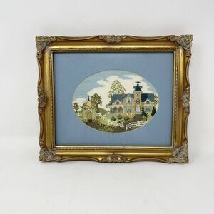 Victorian Ornate Gold Frame‎ Country House Cross-Stitch Yellow House White Fence